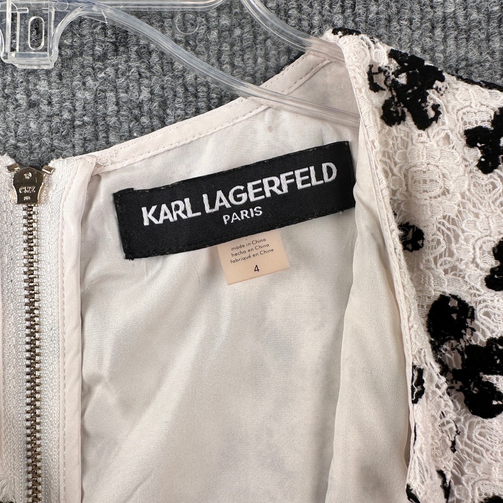 Karl Lagerfeld Paris Womens White Black Flocked Floral Lace Shift Dress Size 4 - Picture 6 of 9